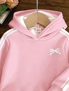 甜美柔粉色女孩迷你蝴蝶結圖案印花，對比色運動條紋，少女休閒軟絨加厚長袖連帽衛衣與寬腿褲套裝，新款適合秋冬日常、外出、運動、聖誕，保暖冬裝 - 彩色 - 查看 4