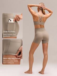 GLOWMODE 4.3" FeatherFit™ Anti-Slip Pocket Bike Shorts Non Front Seam Low Impact Cycling Running Gym Workout Summer - Khaki - View 5