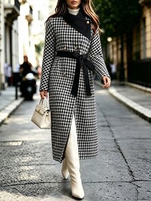 Elenzga Standard Size Women's Autumn/Winter Colorblock Plaid Waist-Cinching A-Line Elegant Overcoat - Multicolor - View 1