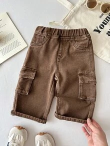 SHEIN Celana Jeans Kerja Longgar dan Nyaman Warna Cokelat dengan Desain Saku untuk Bayi Laki-Laki, Cocok untuk Sekolah. - Coklat - View 3