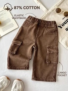 SHEIN Celana Jeans Kerja Longgar dan Nyaman Warna Cokelat dengan Desain Saku untuk Bayi Laki-Laki, Cocok untuk Sekolah. - Coklat - View 1