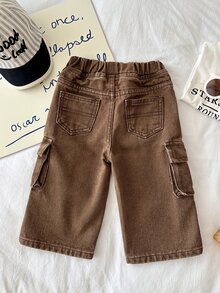 SHEIN Celana Jeans Kerja Longgar dan Nyaman Warna Cokelat dengan Desain Saku untuk Bayi Laki-Laki, Cocok untuk Sekolah. - Coklat - View 2