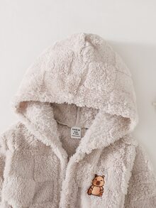 SHEIN 男嬰針織純色可愛卡通角色人造毛連帽休閒家居服 秋冬款 - 米色 - 查看 3