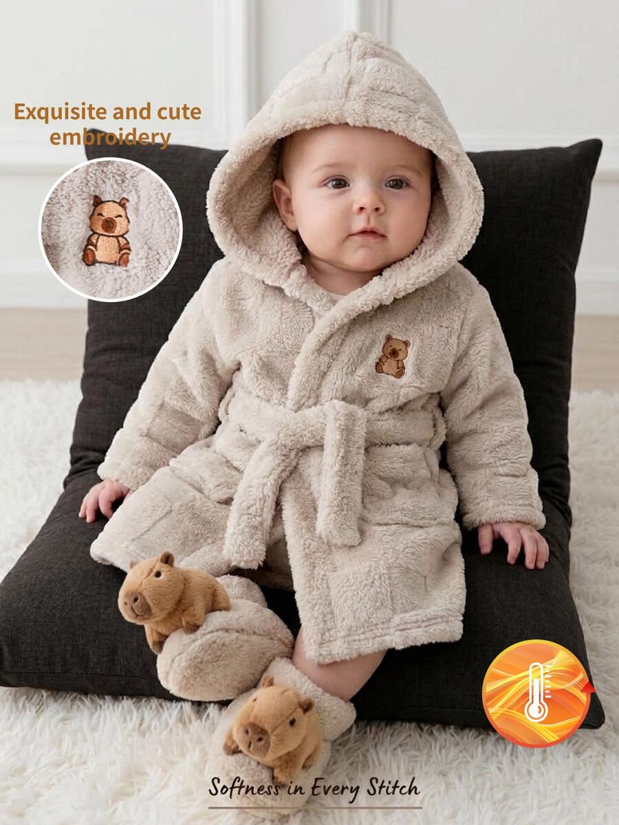 SHEIN Baby Boy Knitted Solid Color Cute Cartoon Character Faux Fur Hooded Casual Loungewear Autumn Winter - Beige - View 1