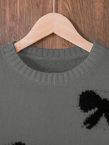 SHEIN 1pc Girls' Sweater Dress,Cute Grey Autumn Knitted Dress For Teen Girls,Back-To-School Holiday,Elegant Black Bow Jacquard Pattern,Slim Fit Long Sleeve - Grey - View 5