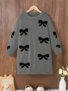 SHEIN 1pc Girls' Sweater Dress,Cute Grey Autumn Knitted Dress For Teen Girls,Back-To-School Holiday,Elegant Black Bow Jacquard Pattern,Slim Fit Long Sleeve - Grey - View 6