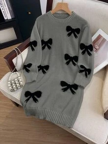 SHEIN 1pc Girls' Sweater Dress,Cute Grey Autumn Knitted Dress For Teen Girls,Back-To-School Holiday,Elegant Black Bow Jacquard Pattern,Slim Fit Long Sleeve - Grey - View 2
