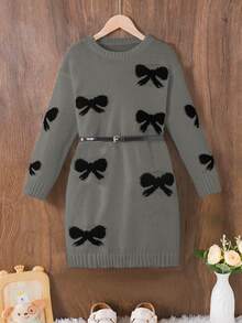 SHEIN 1pc Girls' Sweater Dress,Cute Grey Autumn Knitted Dress For Teen Girls,Back-To-School Holiday,Elegant Black Bow Jacquard Pattern,Slim Fit Long Sleeve - Grey - View 4