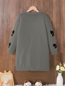 SHEIN 1pc Girls' Sweater Dress,Cute Grey Autumn Knitted Dress For Teen Girls,Back-To-School Holiday,Elegant Black Bow Jacquard Pattern,Slim Fit Long Sleeve - Grey - View 3