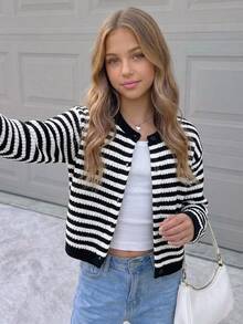 SHEIN Kids Tween Girl Casual Striped Black White Striped Cardigan For Fall/Winter, Back To School - Black and White - View 1