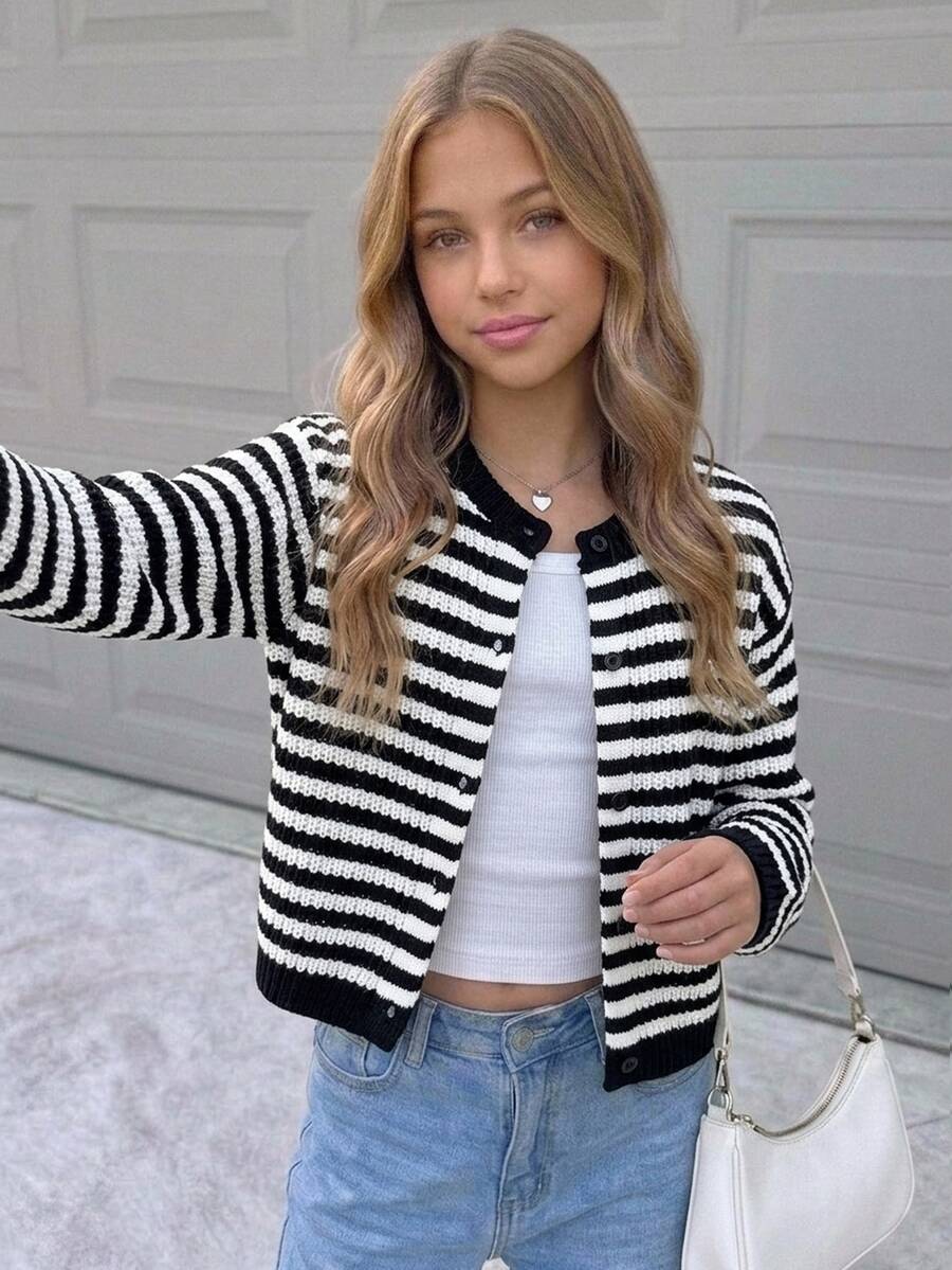 SHEIN Kids Tween Girl Casual Striped Black White Striped Cardigan For Fall/Winter, Back To School - Black and White - View 1