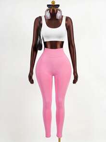Zolique Women's Fashion Solid Color Minimalist Slim Fit Athletic Leggings - Pink - View 3