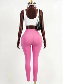 Zolique Women's Fashion Solid Color Minimalist Slim Fit Athletic Leggings - Pink - View 2