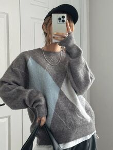 FRIFUL Women's Autumn Contrast Color Diamond Pattern Sweater - Grey - View 2