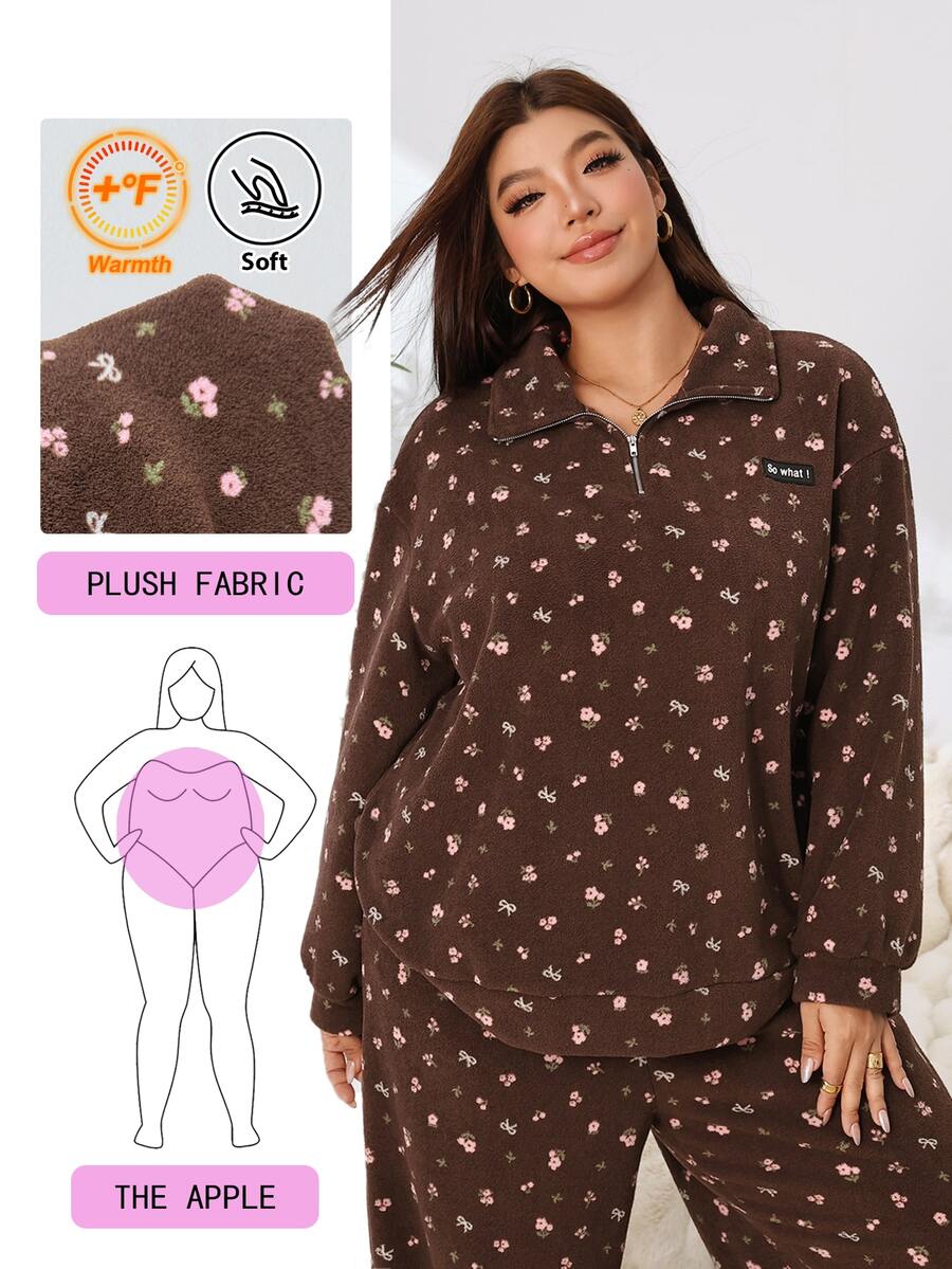 Solflare Plus Size Women's Brown Ditsy Floral Long Sleeve Thick Sweatshirt, Autumn/Winter - Multicolor - View 1