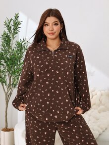 Solflare Plus Size Women's Brown Ditsy Floral Long Sleeve Thick Sweatshirt, Autumn/Winter - Multicolor - View 3
