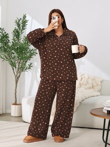 Solflare Plus Size Women's Brown Ditsy Floral Long Sleeve Thick Sweatshirt, Autumn/Winter - Multicolor - View 4