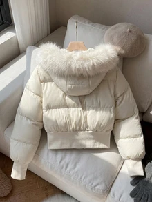 FRIFUL Women's Autumn Solid Beige Hooded Fur Collar Short Padded Coat - White - View 10