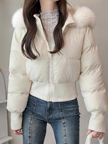FRIFUL Women's Autumn Solid Beige Hooded Fur Collar Short Padded Coat - White - View 4