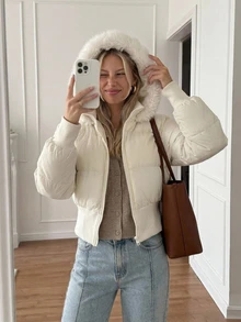 FRIFUL Women's Autumn Solid Beige Hooded Fur Collar Short Padded Coat - White - View 8