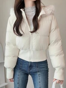 FRIFUL Women's Autumn Solid Beige Hooded Fur Collar Short Padded Coat - White - View 11
