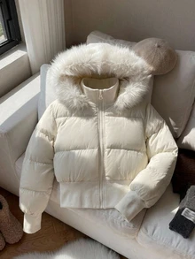 FRIFUL Women's Autumn Solid Beige Hooded Fur Collar Short Padded Coat - White - View 1