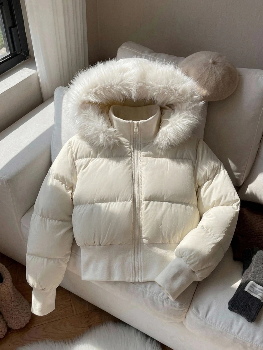 FRIFUL Women's Autumn Solid Beige Hooded Fur Collar Short Padded Coat - White - View 1