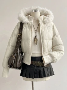 FRIFUL Women's Autumn Solid Beige Hooded Fur Collar Short Padded Coat - White - View 7
