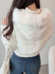FRIFUL Women's Autumn Solid Beige Hooded Fur Collar Short Padded Coat - White - View 9
