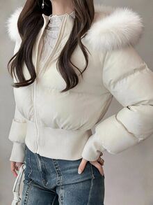FRIFUL Women's Autumn Solid Beige Hooded Fur Collar Short Padded Coat - White - View 3