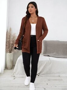 SHEIN LUNE Plus Dual Pocket Button Front Cardigan Fall Women With Pockets Thanksgiving, For Winter Autumn Office Holiday Brown Casual Soft - Brown - View 3