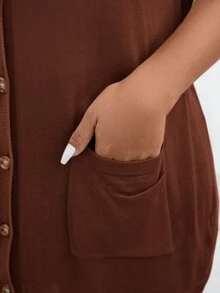 SHEIN LUNE Plus Dual Pocket Button Front Cardigan Fall Women With Pockets Thanksgiving, For Winter Autumn Office Holiday Brown Casual Soft - Brown - View 6