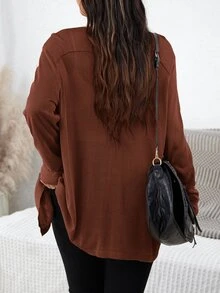 SHEIN LUNE Plus Dual Pocket Button Front Cardigan Fall Women With Pockets Thanksgiving, For Winter Autumn Office Holiday Brown Casual Soft - Brown - View 2