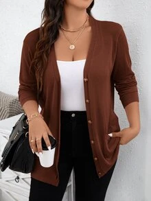 SHEIN LUNE Plus Dual Pocket Button Front Cardigan Fall Women With Pockets Thanksgiving, For Winter Autumn Office Holiday Brown Casual Soft - Brown - View 4