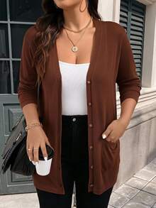 SHEIN LUNE Plus Dual Pocket Button Front Cardigan Fall Women With Pockets Thanksgiving, For Winter Autumn Office Holiday Brown Casual Soft - Brown - View 1