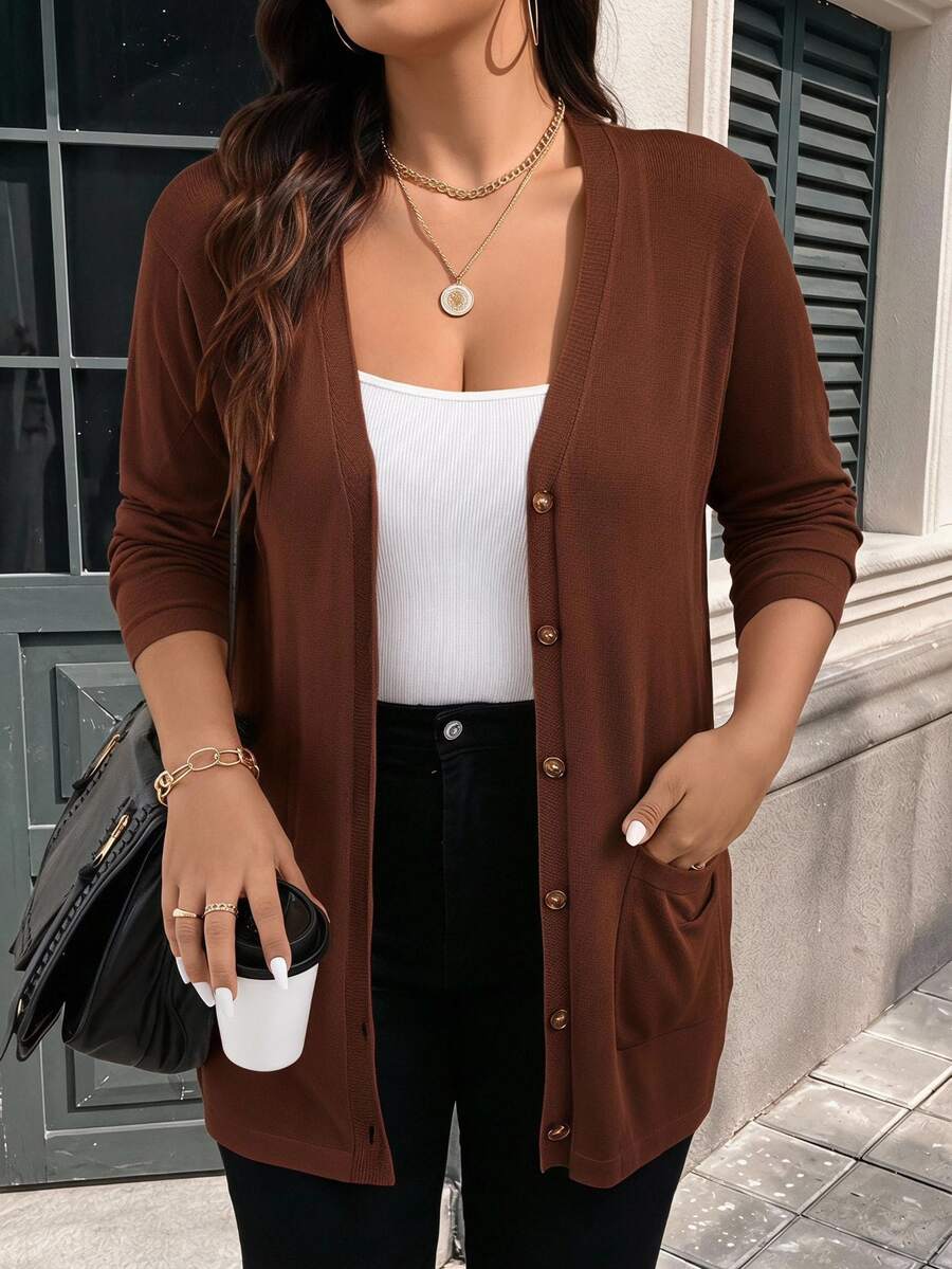 SHEIN LUNE Plus Dual Pocket Button Front Cardigan Fall Women With Pockets Thanksgiving, For Winter Autumn Office Holiday Brown Casual Soft - Brown - View 1