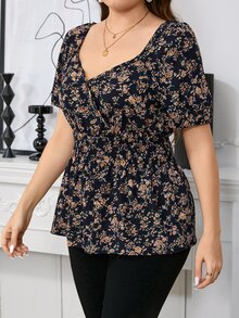 SHEIN Clasi 大码女式时尚优雅印花收腰 A 字型泡泡袖衬衫，适合夏季 - 藏蓝色 - 查看 5