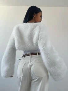 SHEIN SXY Jaket Bulu Imitasi Pendek Putih Ukuran Besar dengan Tali Pengikat di Bagian Depan, Cocok untuk Musim Dingin - Putih - View 2