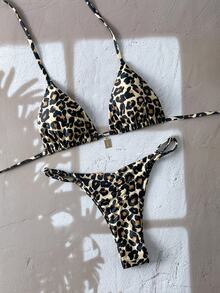 SHEIN Swim 女款夏秋性感優雅豹紋比基尼套裝，海灘西式泳衣派對度假款 - 彩色 - 查看 2