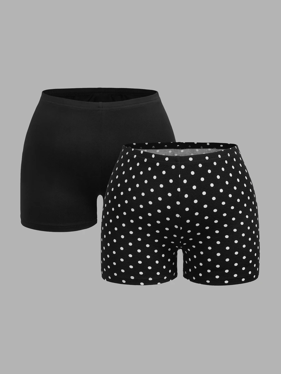 SHEIN EZwear 2条装休闲复古波点黑色加大码女式短裤 - 彩色 - 查看 1