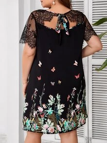 SHEIN Clasi 大码女式时尚蝴蝶印花蕾丝拼接连衣裙夏季 - 彩色 - 查看 2