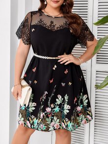 SHEIN Clasi 大码女式时尚蝴蝶印花蕾丝拼接连衣裙夏季 - 彩色 - 查看 4