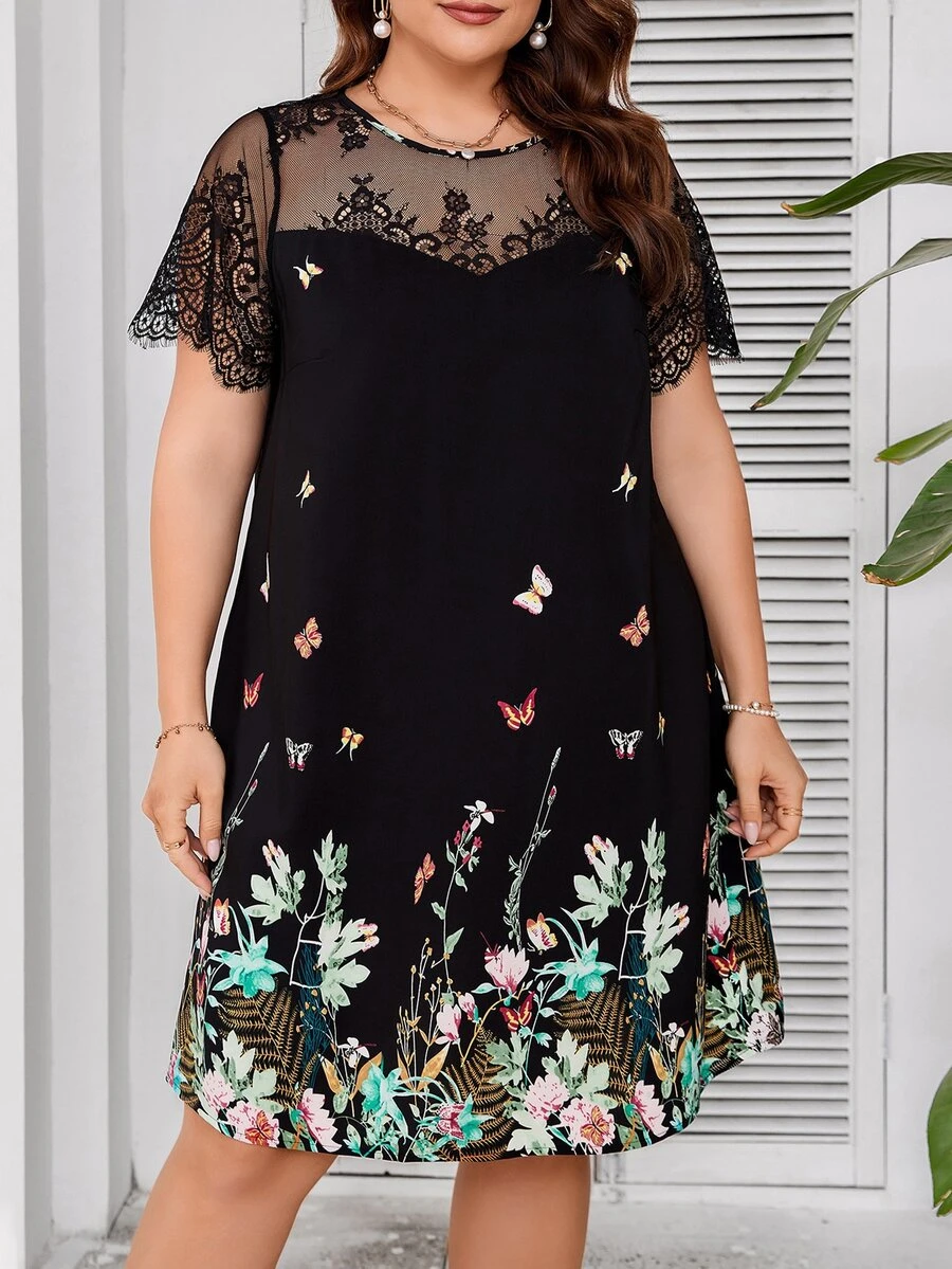 SHEIN Clasi 大码女式时尚蝴蝶印花蕾丝拼接连衣裙夏季 - 彩色 - 查看 1