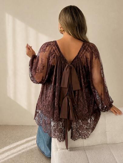 SHEIN CURVE+ Plus Size Women's French Vintage Bohemian Style | Brown Transparent Lace Long Sleeve Blouse - Back Bow Loose Double Layer Top Fall