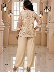 Fleurora Plus Size Women's Round Neck Mesh Patchwork Sequin Embroidered Top And Pants 2 Pieces Set - Apricot - View 2