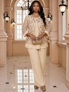 Fleurora Plus Size Women's Round Neck Mesh Patchwork Sequin Embroidered Top And Pants 2 Pieces Set - Apricot - View 5