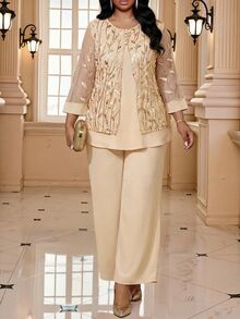 Fleurora Plus Size Women's Round Neck Mesh Patchwork Sequin Embroidered Top And Pants 2 Pieces Set - Apricot - View 1