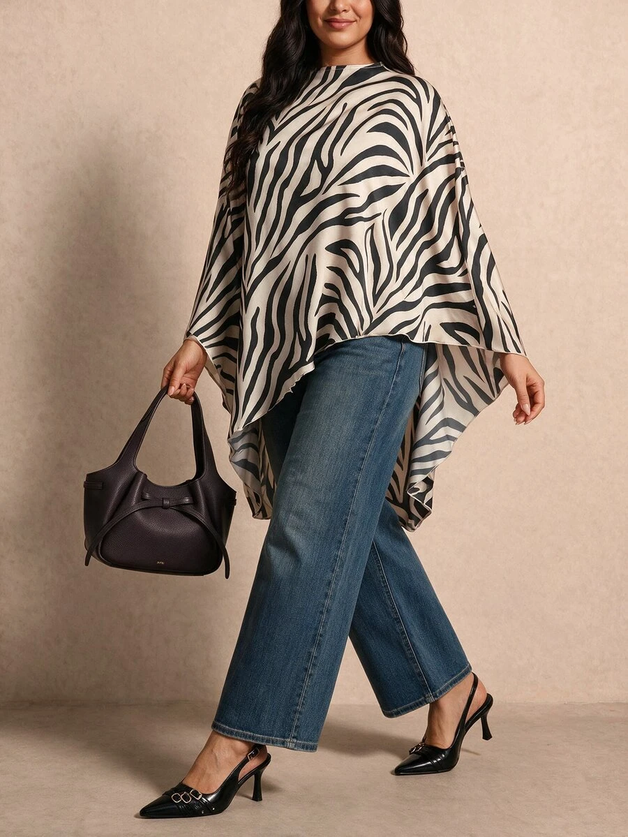 Elaquor Plus Size Women Zebra Print Casual Daily Wear Top - Black - View 1