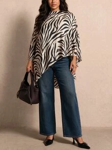 Elaquor Plus Size Women Zebra Print Casual Daily Wear Top - Black - View 7