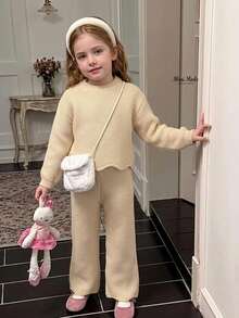 Setelan Sweater untuk Anak Perempuan, Sweater Rajut Lengan Panjang dan Celana Rajut Lebar - Krem - View 1